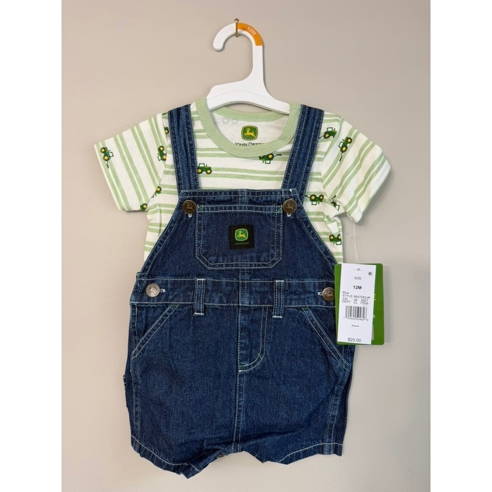 John Deere Shortalls Set Baby Boy 12M Blue Green Tractor Denim 2pc NWT